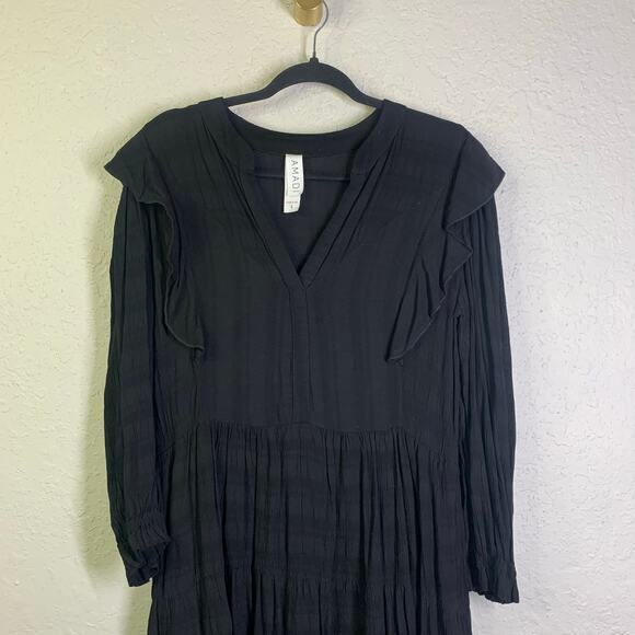 AMADI Dress Rossi Small Black Ruffled Boho Drop Waist V-Neck Tunic Anthropologie - Picture 5 of 13
